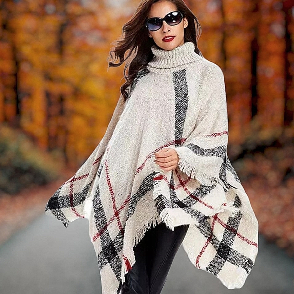 Cream Plaid Turtle Neck Poncho